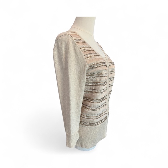 ✨🤍 EUC WHITE HOUSE BLACK MARKET Champagne Metallic Embellished Cardigan | Sz M - Picture 3 of 7